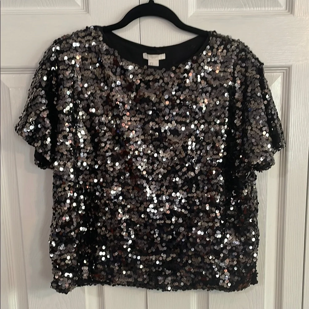 H&M Black Sequin Flutter Sleeve Top - Picture 1 of 3